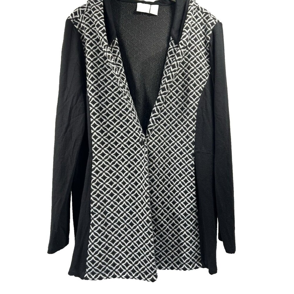 Chicos Zenergy Hooded Cardigan Jacket Large Black White Geometric‎ Knit 1-Button